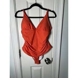 Orange Ruched V-Neck One Piece Swimsuit Adjustable Straps Womens Medium